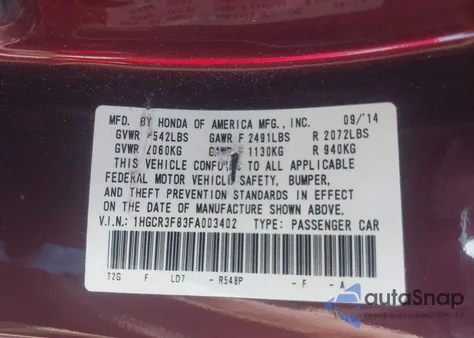 2015 Honda Accord Ex-L V-6 z USA, uszkodzony, nr VIN 1HGCR3F83FA003402